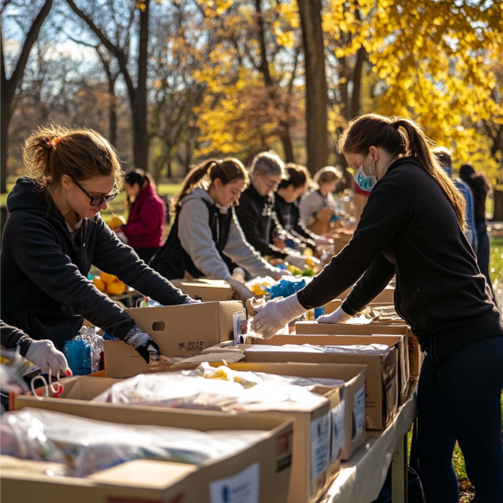 Several volunteers preparing meals in cardboard boxes placed on a table, ready to be distributed to people in need.